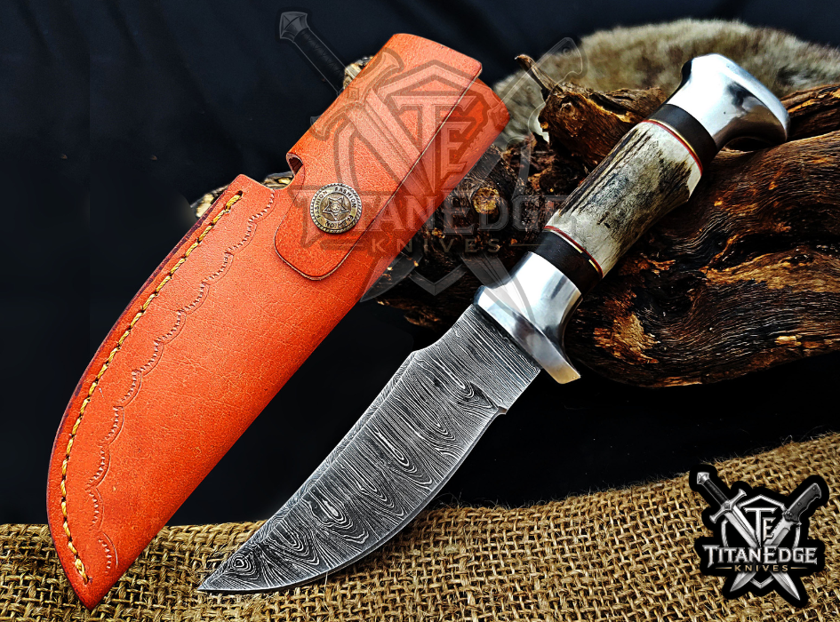 Handmade 8.5" Damascus Steel Fixed Blade Hunting Knife, Stag Antler Handle, Groomsmen Gift With Leather Sheath