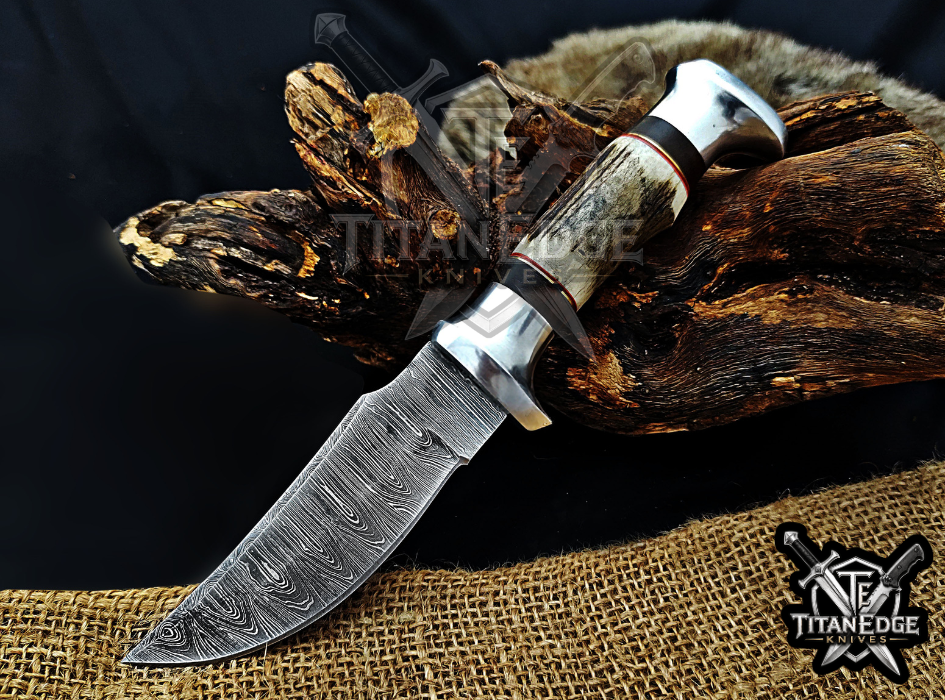 Handmade 8.5" Damascus Steel Fixed Blade Hunting Knife, Stag Antler Handle, Groomsmen Gift With Leather Sheath