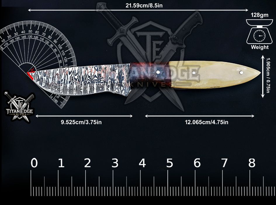 Personalized Handcrafted Damascus Hunting Knife, 8.5-Inch Full Tang Skinning Blade, Bushcraft EDC Tool, Wood & Bone Handle Camping Tool