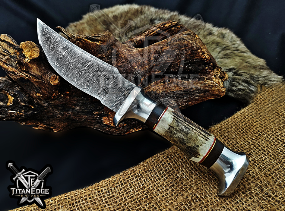 Handmade 8.5" Damascus Steel Fixed Blade Hunting Knife, Stag Antler Handle, Groomsmen Gift With Leather Sheath