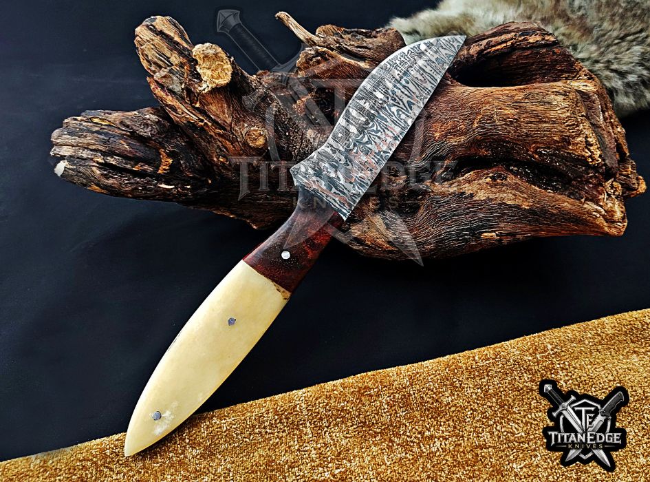 Personalized Handcrafted Damascus Hunting Knife, 8.5-Inch Full Tang Skinning Blade, Bushcraft EDC Tool, Wood & Bone Handle Camping Tool
