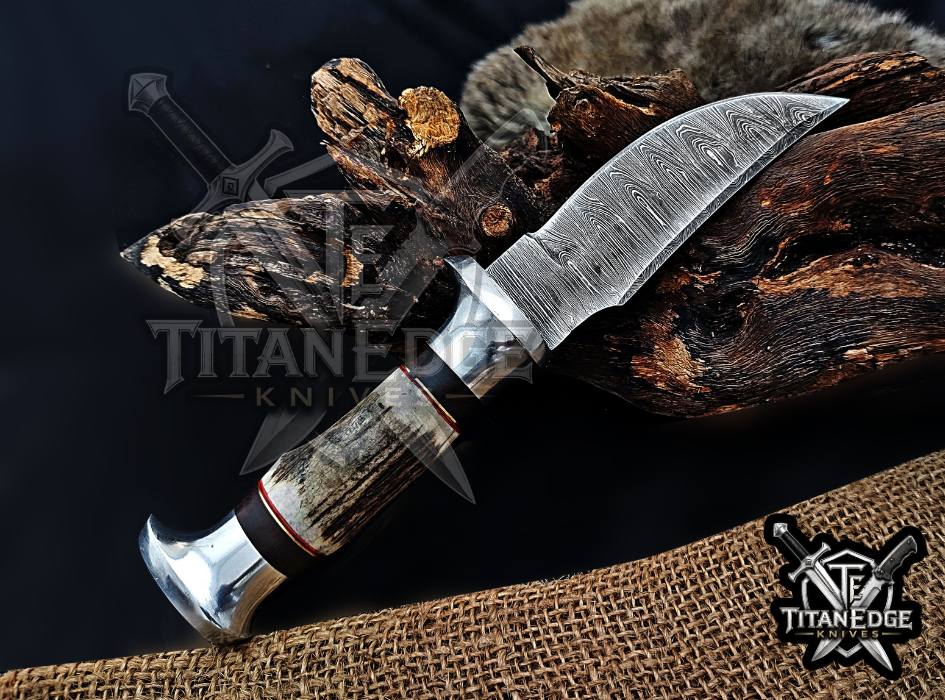 Handmade 8.5" Damascus Steel Fixed Blade Hunting Knife, Stag Antler Handle, Groomsmen Gift With Leather Sheath