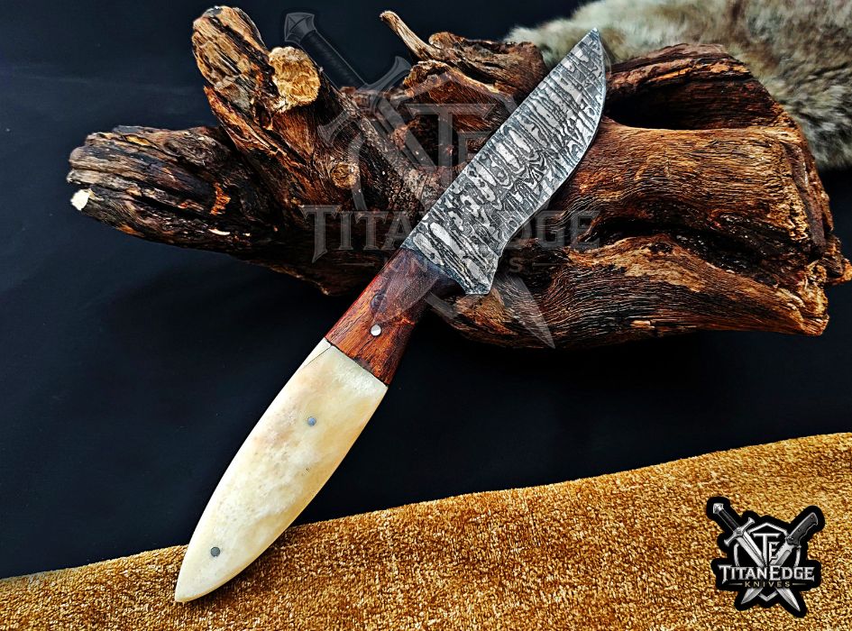 Personalized Handcrafted Damascus Hunting Knife, 8.5-Inch Full Tang Skinning Blade, Bushcraft EDC Tool, Wood & Bone Handle Camping Tool