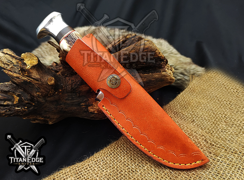 Handmade 8.5" Damascus Steel Fixed Blade Hunting Knife, Stag Antler Handle, Groomsmen Gift With Leather Sheath