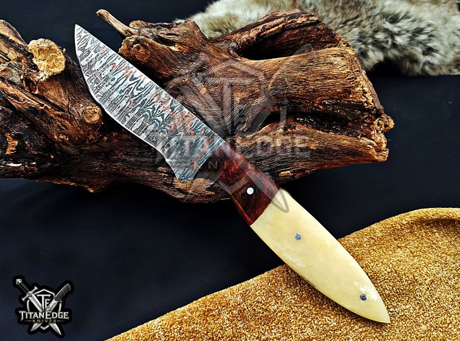 Personalized Handcrafted Damascus Hunting Knife, 8.5-Inch Full Tang Skinning Blade, Bushcraft EDC Tool, Wood & Bone Handle Camping Tool
