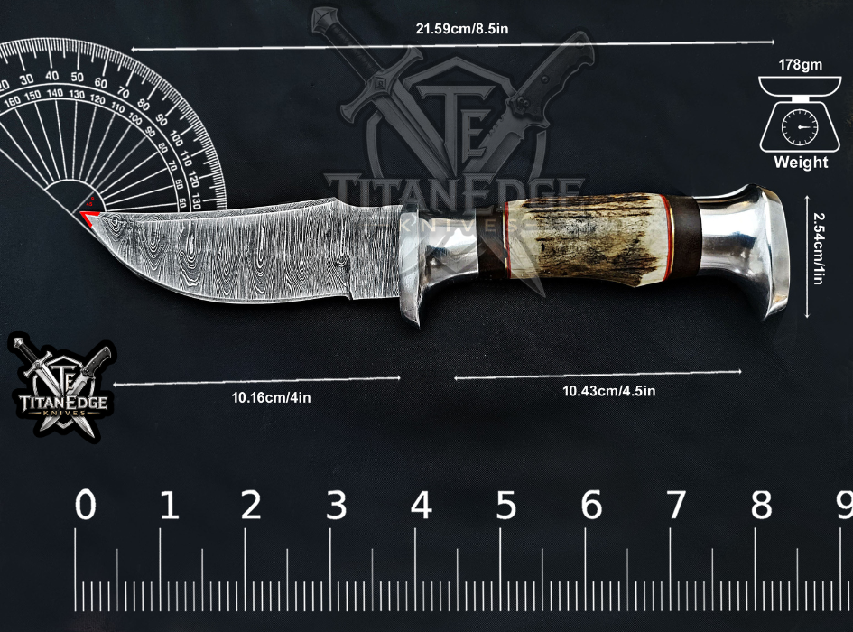 Handmade 8.5" Damascus Steel Fixed Blade Hunting Knife, Stag Antler Handle, Groomsmen Gift With Leather Sheath