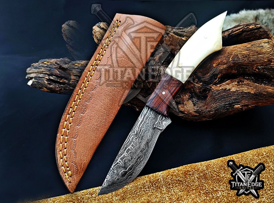 Personalized Handcrafted Damascus Hunting Knife, 8.75-Inch Full Tang Skinning Blade, Bushcraft EDC Tool, Resin & Wood Handle Camping Tool