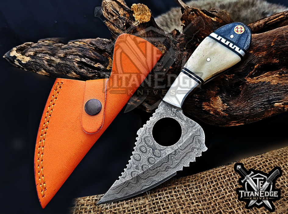 Handmade 6.75"Damascus Tracker Knife, Camel Bone Handle, Finger Hole Knife, Fixed Blade Hunting Knife, Groomsmen Gift With Leather Sheath
