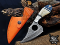 Handmade 6.75"Damascus Tracker Knife, Camel Bone Handle, Finger Hole Knife, Fixed Blade Hunting Knife, Groomsmen Gift With Leather Sheath