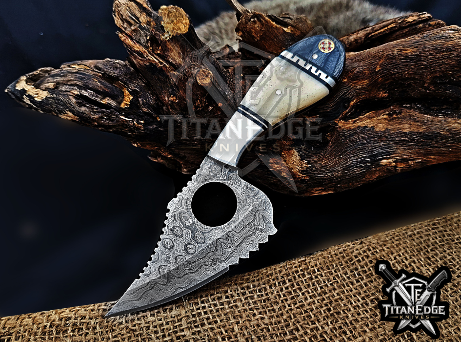 Handmade 6.75"Damascus Tracker Knife, Camel Bone Handle, Finger Hole Knife, Fixed Blade Hunting Knife, Groomsmen Gift With Leather Sheath
