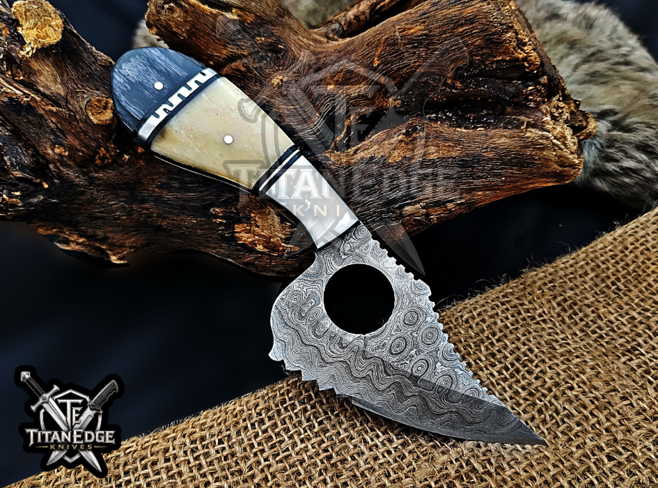 Handmade 6.75"Damascus Tracker Knife, Camel Bone Handle, Finger Hole Knife, Fixed Blade Hunting Knife, Groomsmen Gift With Leather Sheath