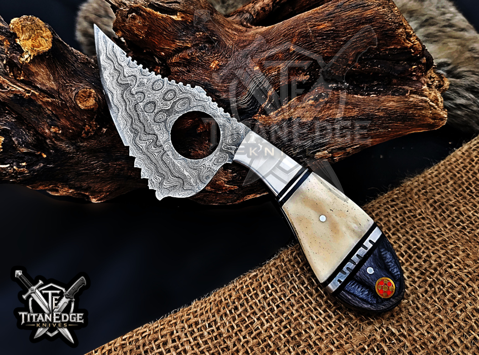Handmade 6.75"Damascus Tracker Knife, Camel Bone Handle, Finger Hole Knife, Fixed Blade Hunting Knife, Groomsmen Gift With Leather Sheath
