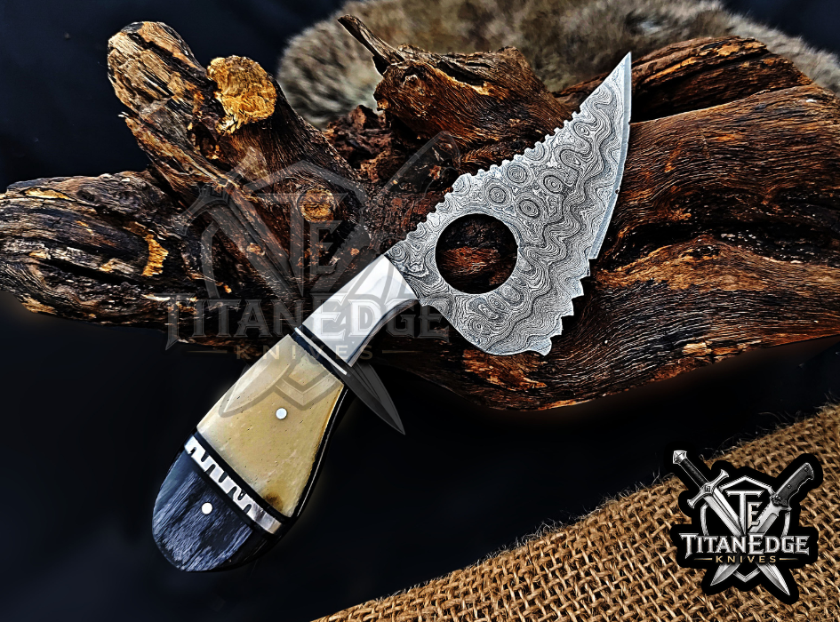 Handmade 6.75"Damascus Tracker Knife, Camel Bone Handle, Finger Hole Knife, Fixed Blade Hunting Knife, Groomsmen Gift With Leather Sheath