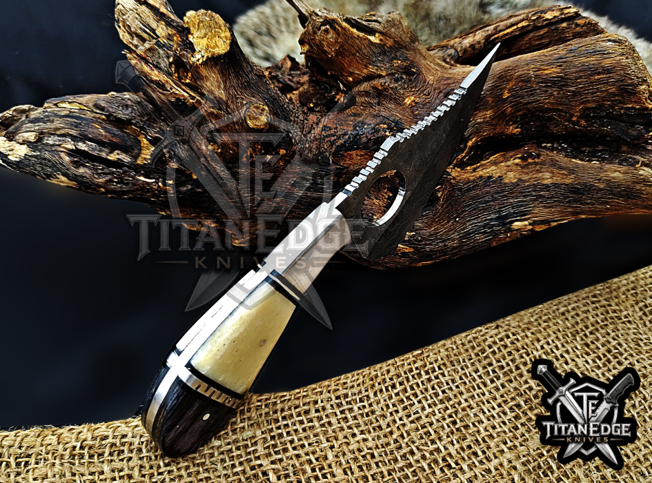 Handmade 6.75"Damascus Tracker Knife, Camel Bone Handle, Finger Hole Knife, Fixed Blade Hunting Knife, Groomsmen Gift With Leather Sheath