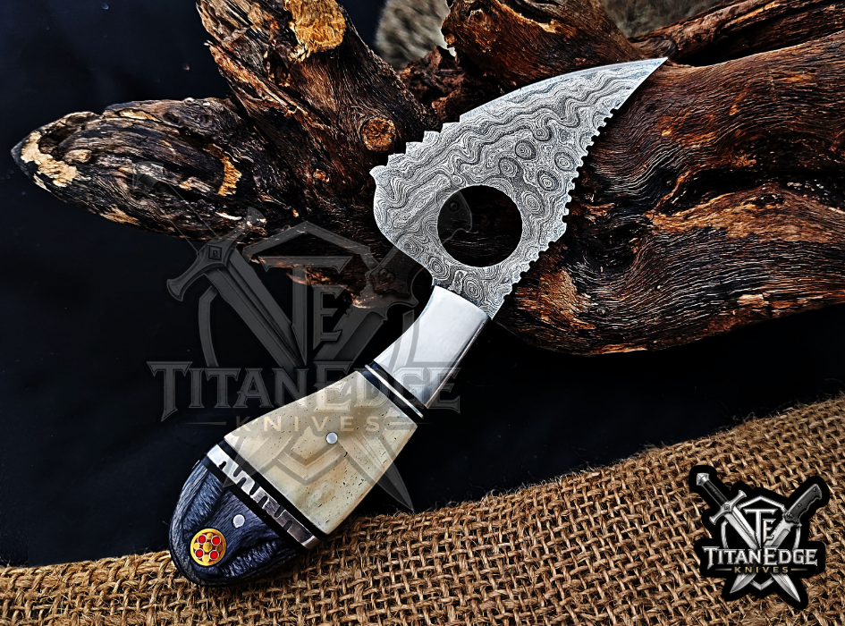 Handmade 6.75"Damascus Tracker Knife, Camel Bone Handle, Finger Hole Knife, Fixed Blade Hunting Knife, Groomsmen Gift With Leather Sheath