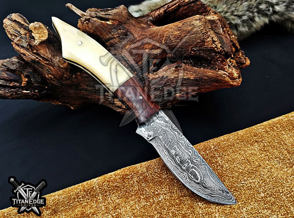Personalized Handcrafted Damascus Hunting Knife, 8.75-Inch Full Tang Skinning Blade, Bushcraft EDC Tool, Resin & Wood Handle Camping Tool