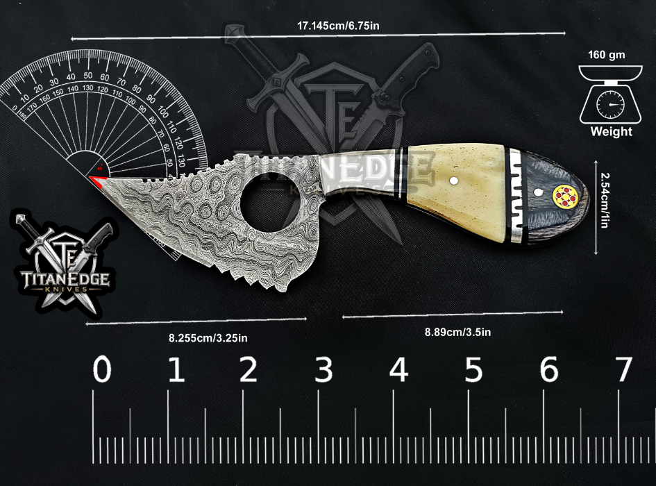 Handmade 6.75"Damascus Tracker Knife, Camel Bone Handle, Finger Hole Knife, Fixed Blade Hunting Knife, Groomsmen Gift With Leather Sheath
