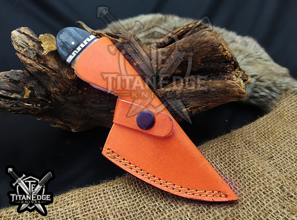 Handmade 6.75"Damascus Tracker Knife, Camel Bone Handle, Finger Hole Knife, Fixed Blade Hunting Knife, Groomsmen Gift With Leather Sheath