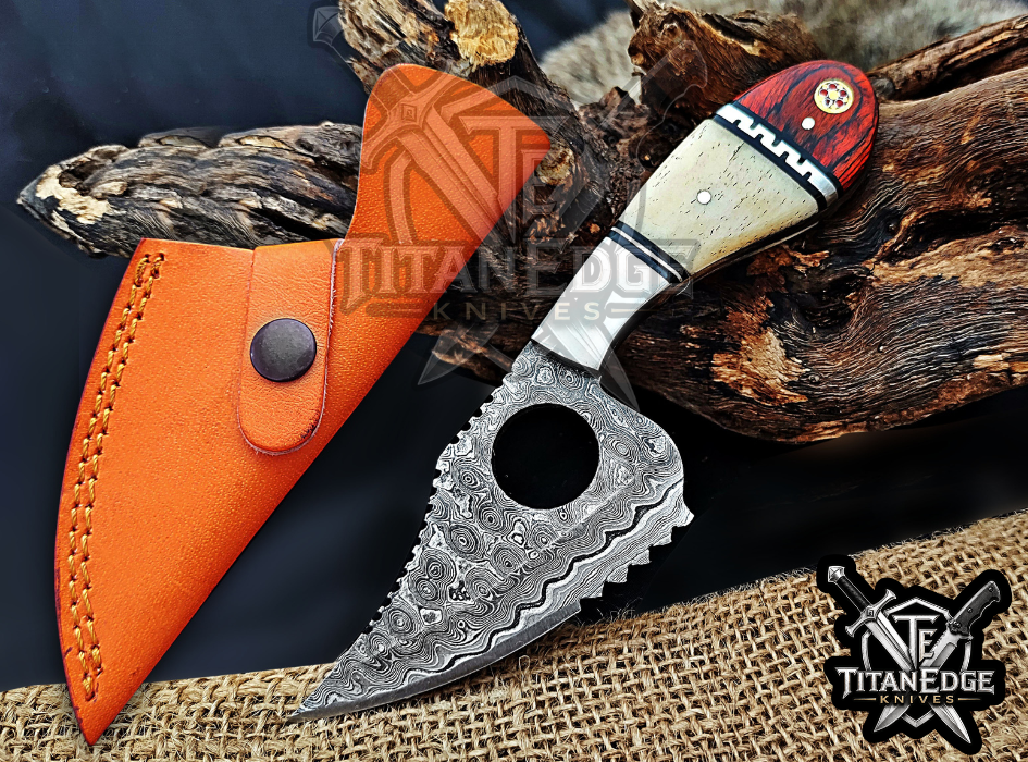 6.75" Handmade Damascus Tactical Knife with Finger Ring