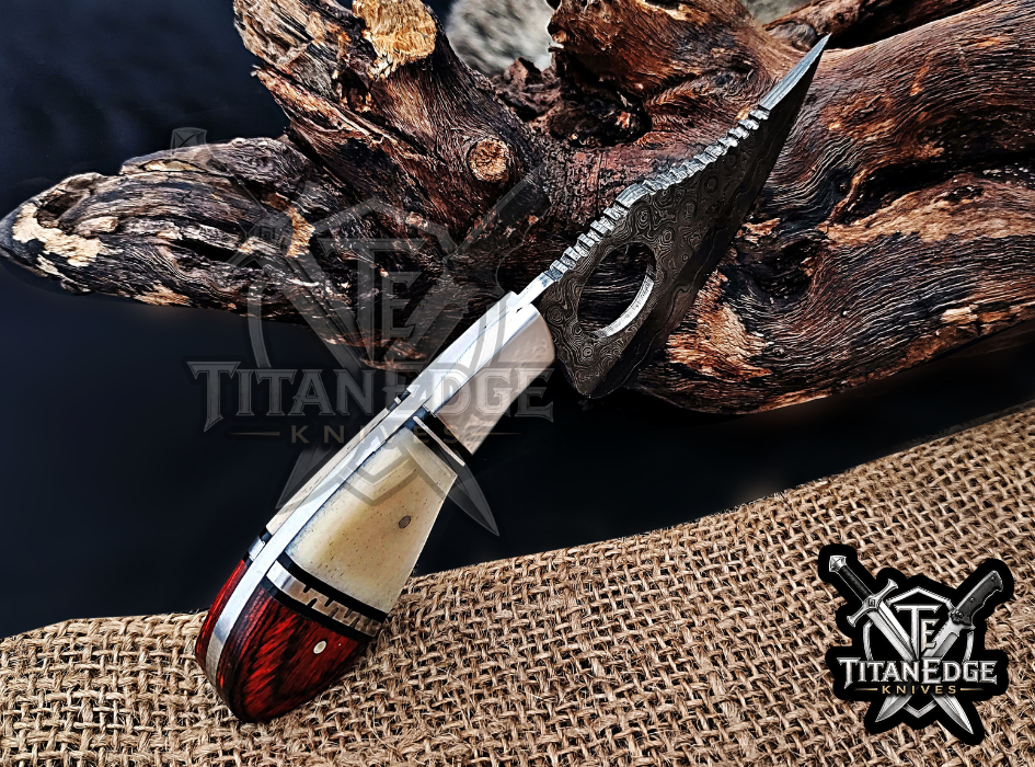 6.75" Handmade Damascus Tactical Knife with Finger Ring