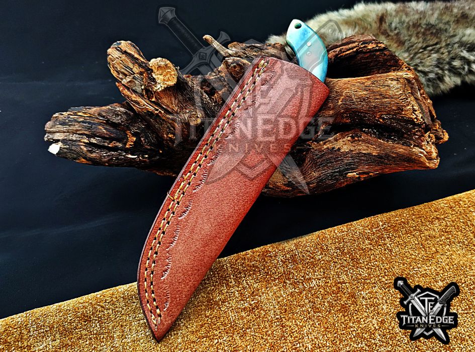Personalized Handcrafted Damascus Steel Hunting Knife, 6.5" Fixed Blade Skinning EDC, Resin Handle with Leather Sheath Camping Tool