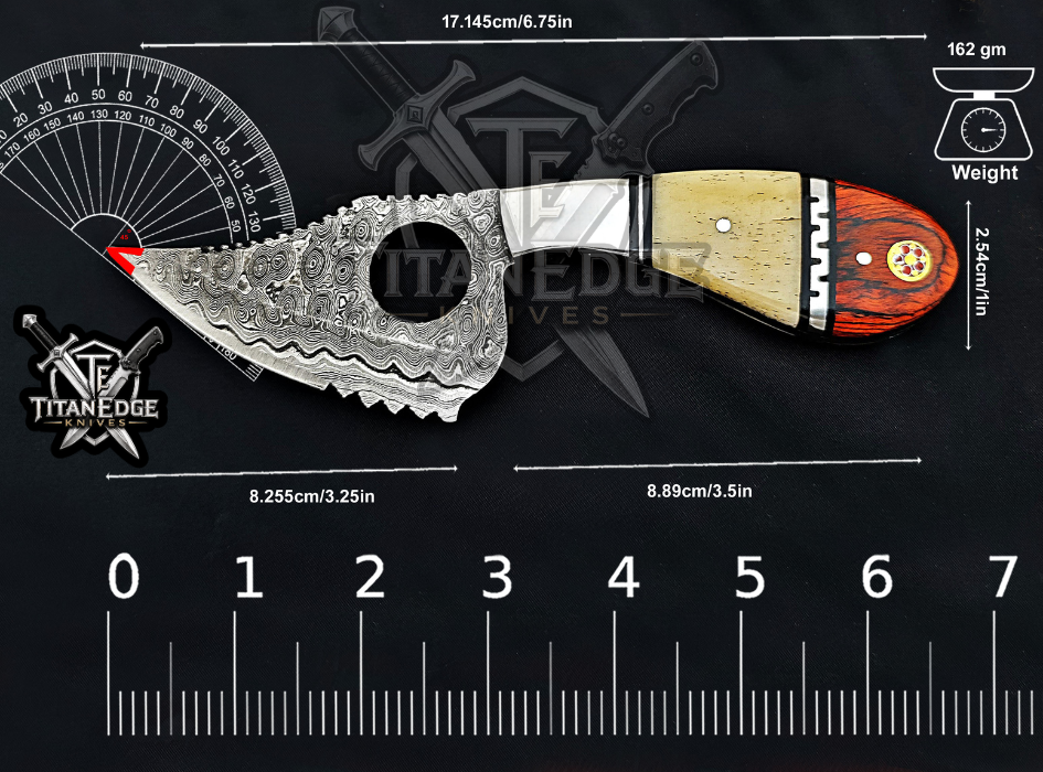 6.75" Handmade Damascus Tactical Knife with Finger Ring