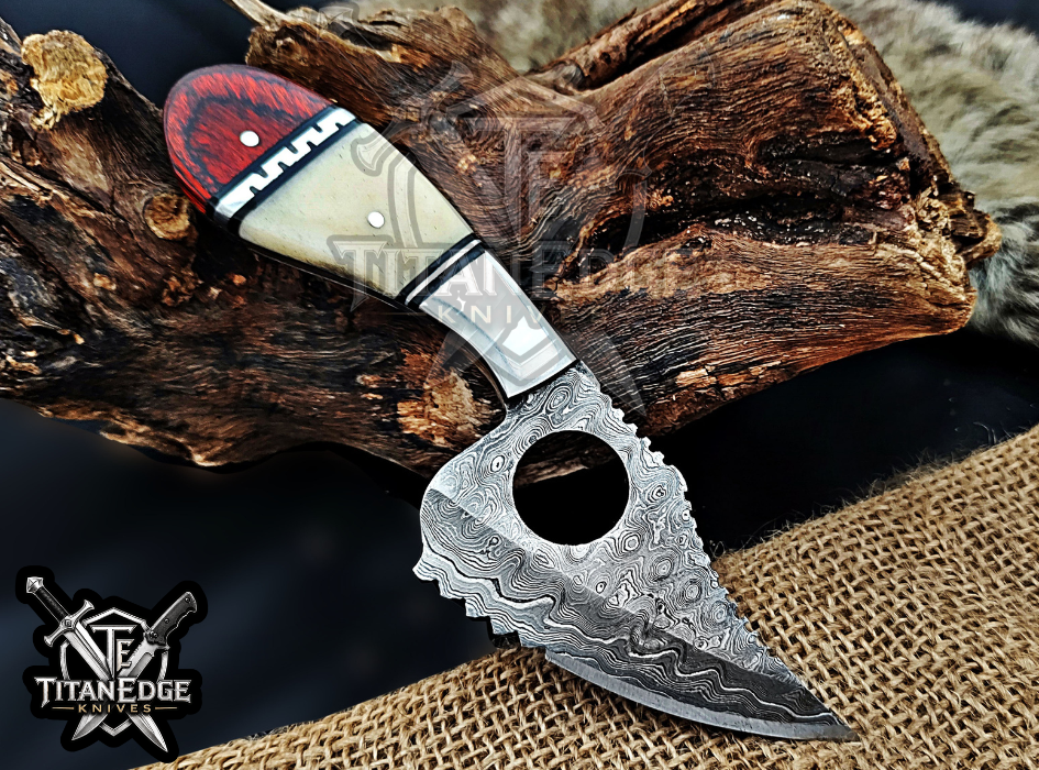 6.75" Handmade Damascus Tactical Knife with Finger Ring