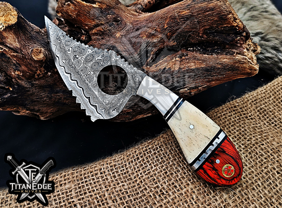 6.75" Handmade Damascus Tactical Knife with Finger Ring