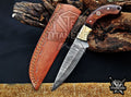 Personalized Handcrafted Damascus Steel Hunting Knife, 6.5" Fixed Blade Skinning EDC, Wood Handle with Leather Sheath Camping Tool