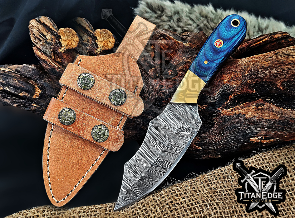Handmade 6.75" Damascus Steel Fixed Blade Hunting Knife, Fixed Blade Skinner Knife, Wood Handle, Groomsmen Gift With Leather Sheath