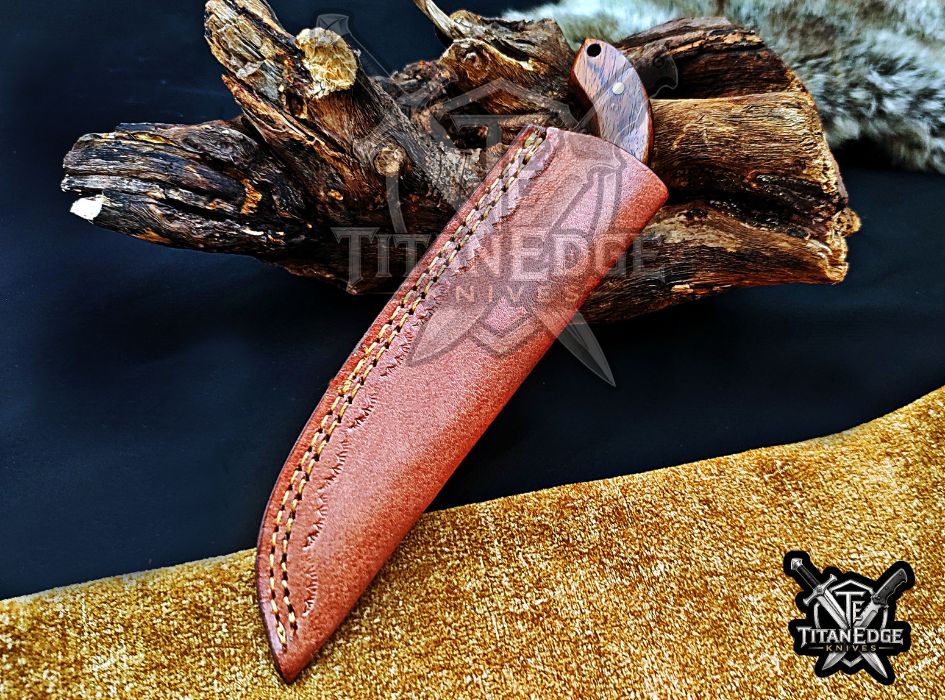 Personalized Handcrafted Damascus Steel Hunting Knife, 6.5" Fixed Blade Skinning EDC, Wood Handle with Leather Sheath Camping Tool