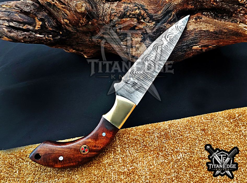 Personalized Handcrafted Damascus Steel Hunting Knife, 6.5" Fixed Blade Skinning EDC, Wood Handle with Leather Sheath Camping Tool