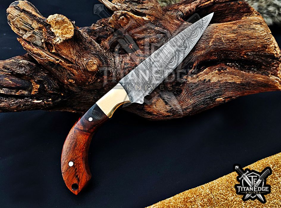 Personalized Handcrafted Damascus Steel Hunting Knife, 6.5" Fixed Blade Skinning EDC, Wood Handle with Leather Sheath Camping Tool
