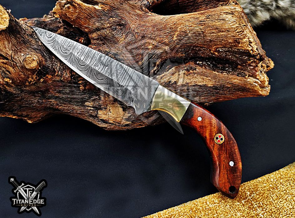 Personalized Handcrafted Damascus Steel Hunting Knife, 6.5" Fixed Blade Skinning EDC, Wood Handle with Leather Sheath Camping Tool
