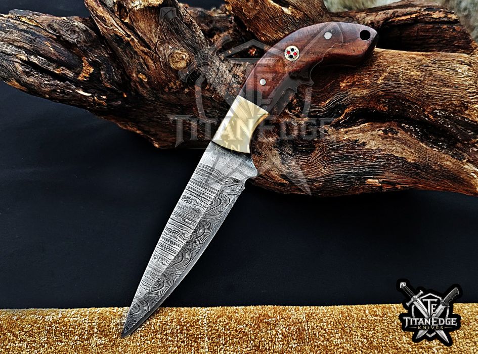 Personalized Handcrafted Damascus Steel Hunting Knife, 6.5" Fixed Blade Skinning EDC, Wood Handle with Leather Sheath Camping Tool