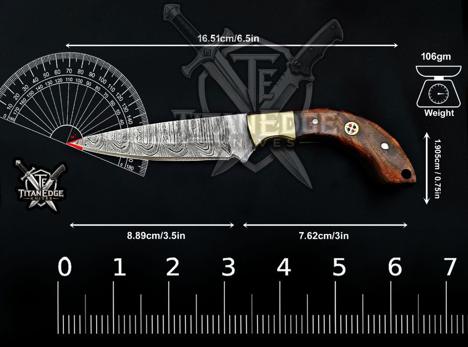 Personalized Handcrafted Damascus Steel Hunting Knife, 6.5" Fixed Blade Skinning EDC, Wood Handle with Leather Sheath Camping Tool