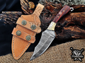 Handmade 6.75" Damascus Steel Fixed Blade Hunting Knife, Fixed Blade Skinner Knife, Wood Handle, Groomsmen Gift With Leather Sheath