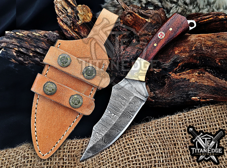 Handmade 6.75" Damascus Steel Fixed Blade Hunting Knife, Fixed Blade Skinner Knife, Wood Handle, Groomsmen Gift With Leather Sheath