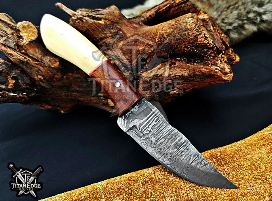 Personalized Handcrafted Damascus Steel Hunting Knife, 8.5" Fixed Blade Skinning EDC, Bone/Wood Handle with Leather Sheath Camping Tool