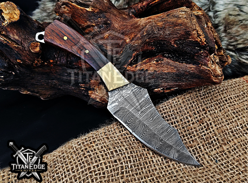 Handmade 6.75" Damascus Steel Fixed Blade Hunting Knife, Fixed Blade Skinner Knife, Wood Handle, Groomsmen Gift With Leather Sheath
