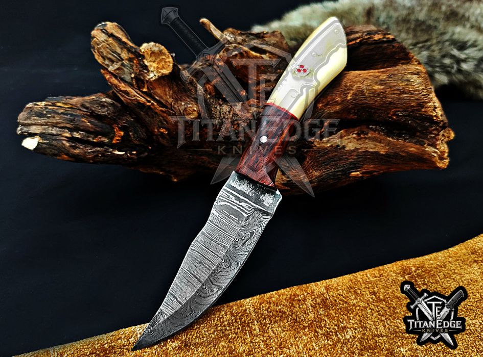 Personalized Handcrafted Damascus Steel Hunting Knife, 8.5" Fixed Blade Skinning EDC, Bone/Wood Handle with Leather Sheath Camping Tool