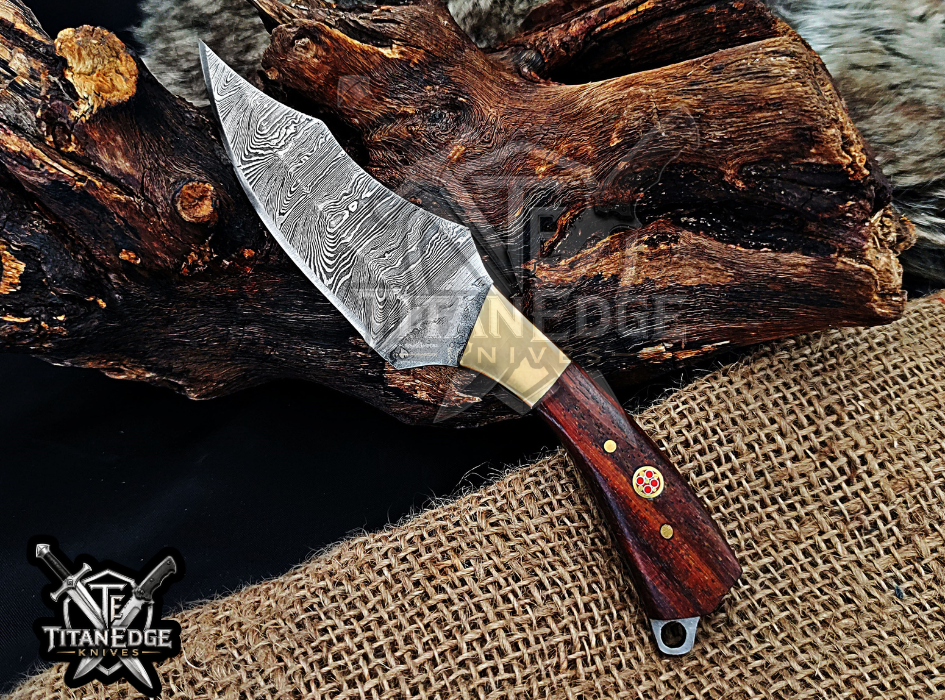 Handmade 6.75" Damascus Steel Fixed Blade Hunting Knife, Fixed Blade Skinner Knife, Wood Handle, Groomsmen Gift With Leather Sheath