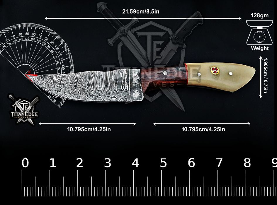 Personalized Handcrafted Damascus Steel Hunting Knife, 8.5" Fixed Blade Skinning EDC, Bone/Wood Handle with Leather Sheath Camping Tool