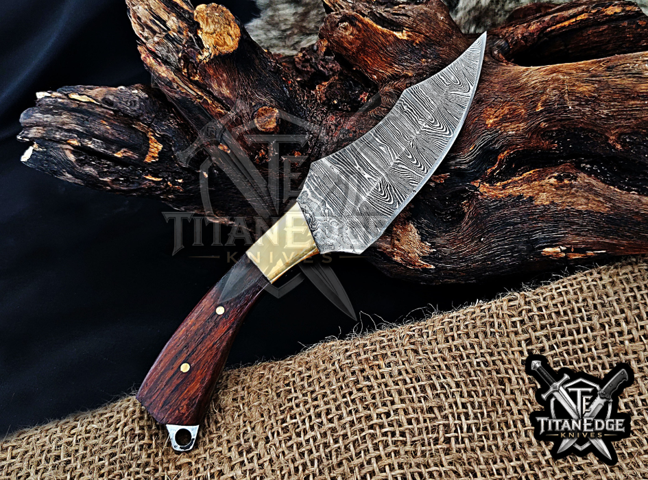 Handmade 6.75" Damascus Steel Fixed Blade Hunting Knife, Fixed Blade Skinner Knife, Wood Handle, Groomsmen Gift With Leather Sheath