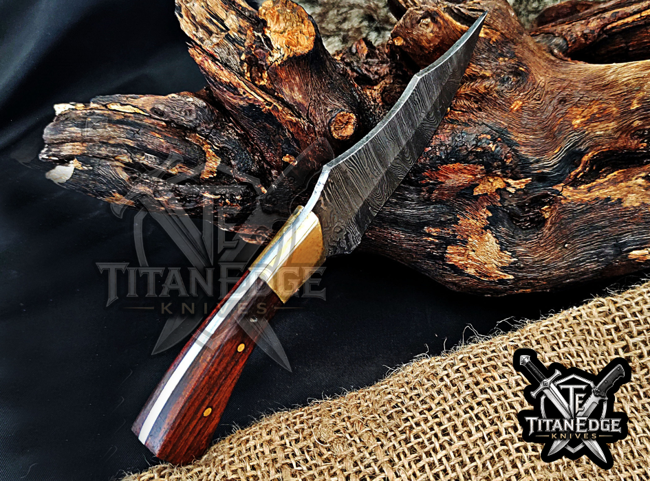 Handmade 6.75" Damascus Steel Fixed Blade Hunting Knife, Fixed Blade Skinner Knife, Wood Handle, Groomsmen Gift With Leather Sheath