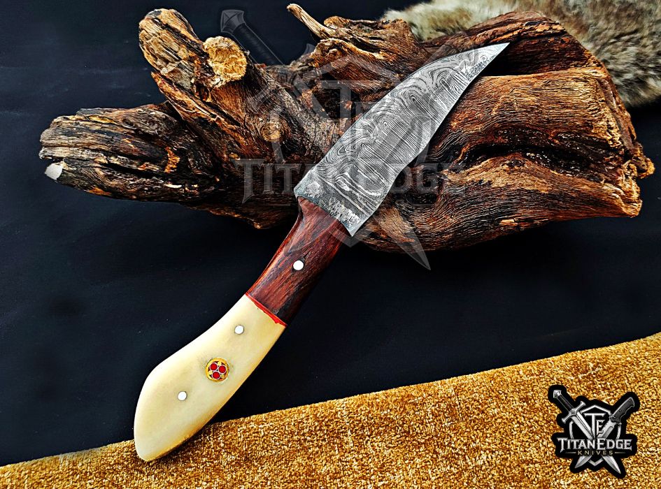 Personalized Handcrafted Damascus Steel Hunting Knife, 8.5" Fixed Blade Skinning EDC, Bone/Wood Handle with Leather Sheath Camping Tool