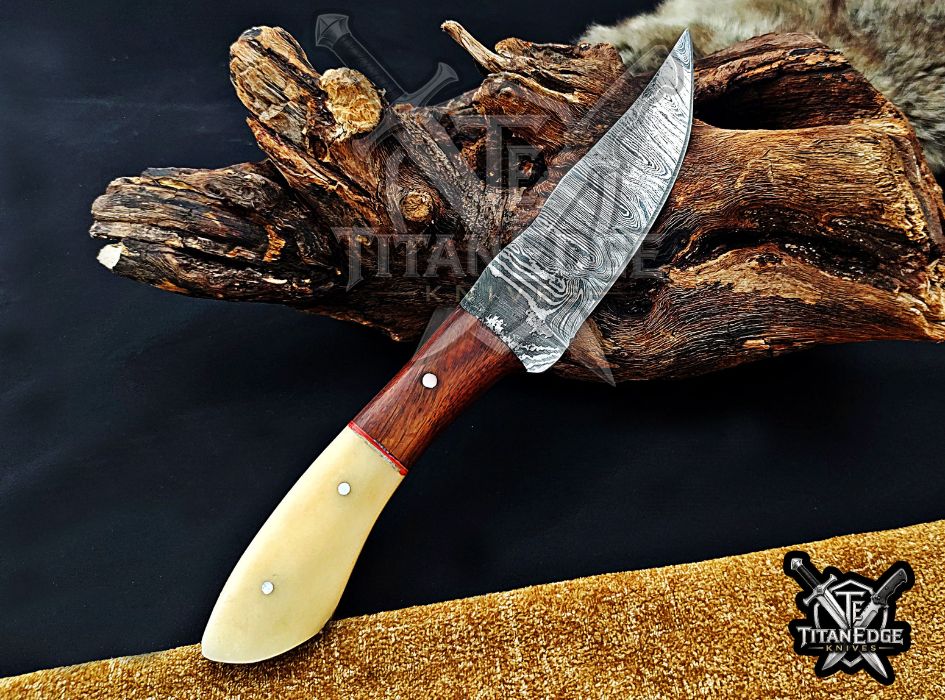 Personalized Handcrafted Damascus Steel Hunting Knife, 8.5" Fixed Blade Skinning EDC, Bone/Wood Handle with Leather Sheath Camping Tool
