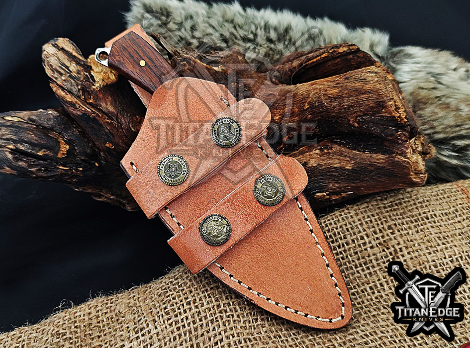 Handmade 6.75" Damascus Steel Fixed Blade Hunting Knife, Fixed Blade Skinner Knife, Wood Handle, Groomsmen Gift With Leather Sheath