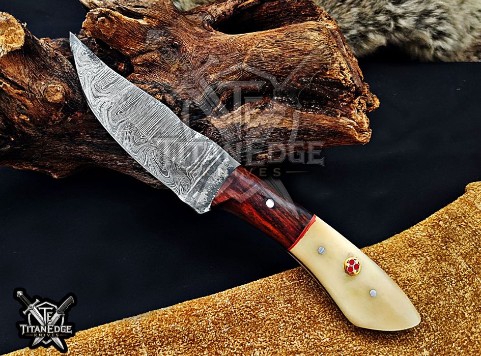 Personalized Handcrafted Damascus Steel Hunting Knife, 8.5" Fixed Blade Skinning EDC, Bone/Wood Handle with Leather Sheath Camping Tool
