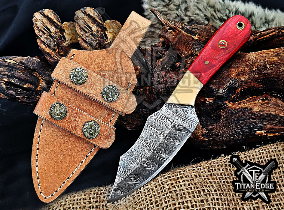 Handmade 6.75" Damascus Steel Fixed Blade Hunting Knife, Fixed Blade Skinner Knife, Wood Handle, Groomsmen Gift With Leather Sheath